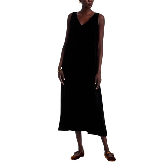 Eileen Fisher - Black Velvet Minimalist Sleeveless Midi Dress Sz M - Picture 1 of 10